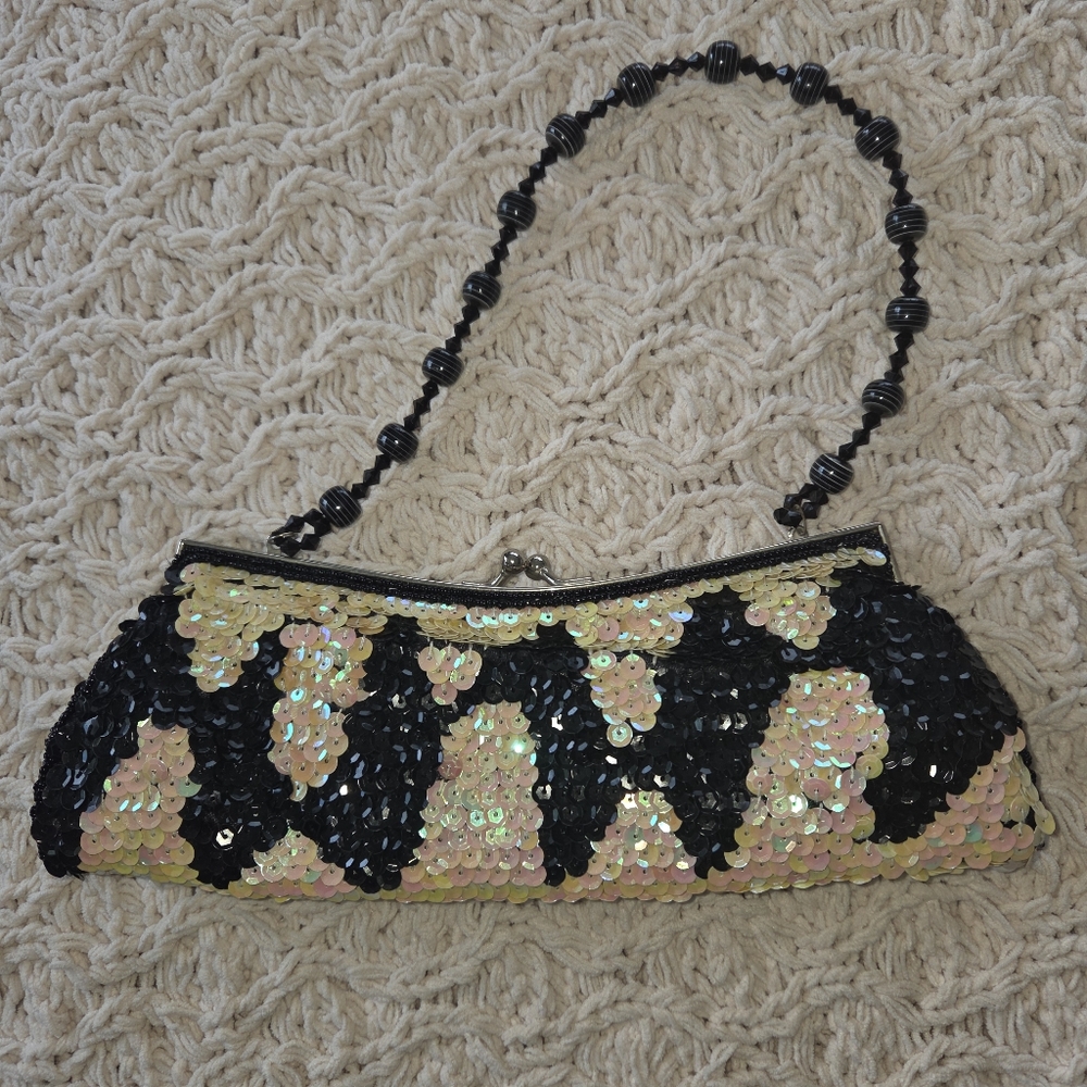 Vintage Black and Iridescent Sequined Clutch Evening Bag with Beaded Handle